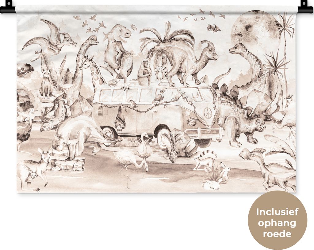 MuchoWow Wandteppich Wandbehang Dinosaurier - Bus - Kinder - Tiere - Bäume 60x40 cm Tapisserie Dekoration Wandtuch - Wanddekorationen