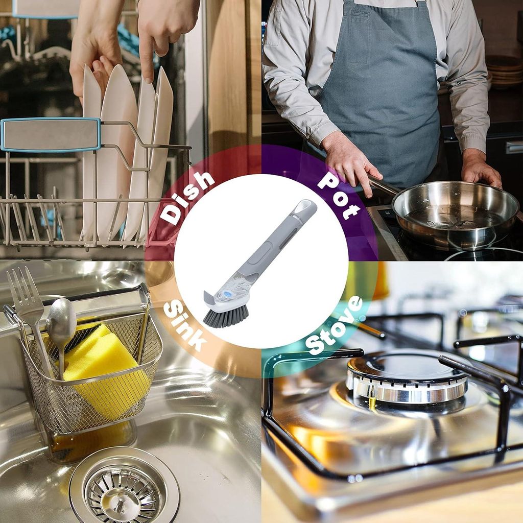 Multifunktionale Seifenspender-Geschirrspülbürsten-Set - Küchenreinigungsbürste - 3 austauschbare Schwämme - Topf Pfanne Spüle Geschirrspülb...