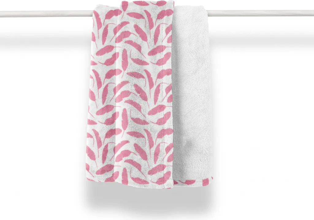 ABAKUHAUS Coperta in morbido pile flanella tropicale, illustrazione con foglie di banano, soffice peluche per interni ed esterni, 125 x 175 cm, rosa pastello-bianco