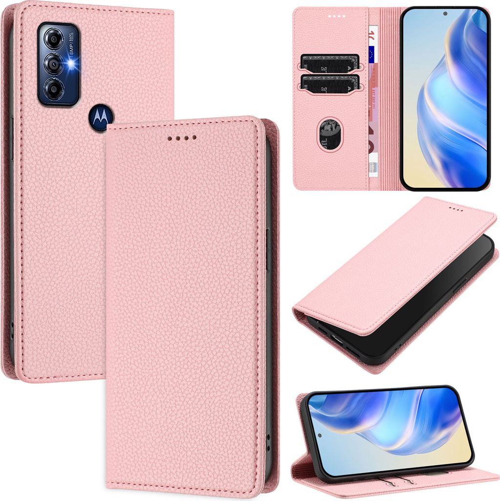 Litchi Leder Handyhülle für Motorola Moto G Pure/Moto G Play 2023 Wallet Kartenfächer Standfunktion Hülle Pink