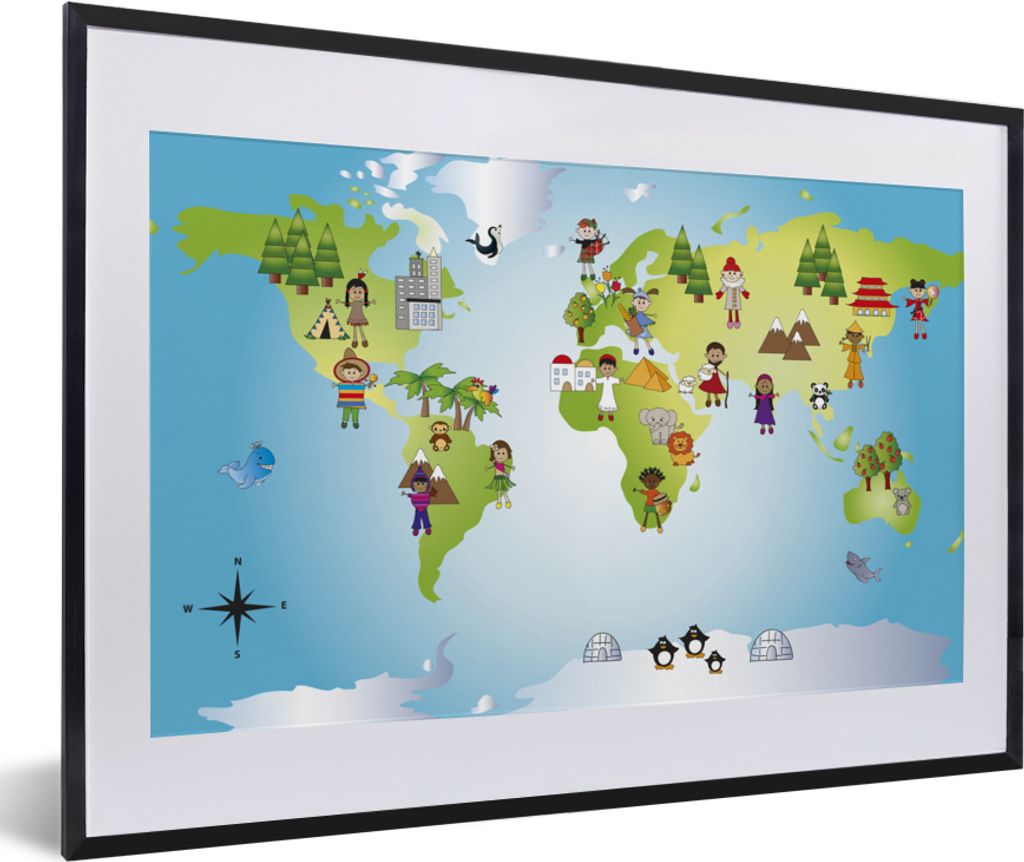 MuchoWow Gerahmtes Poster Weltkarte - Kinder - Natur - Illustration - Jungen - Mädchen 60x40 cm - Poster mit Schwarzem Bilderrahmen Wandposter R...
