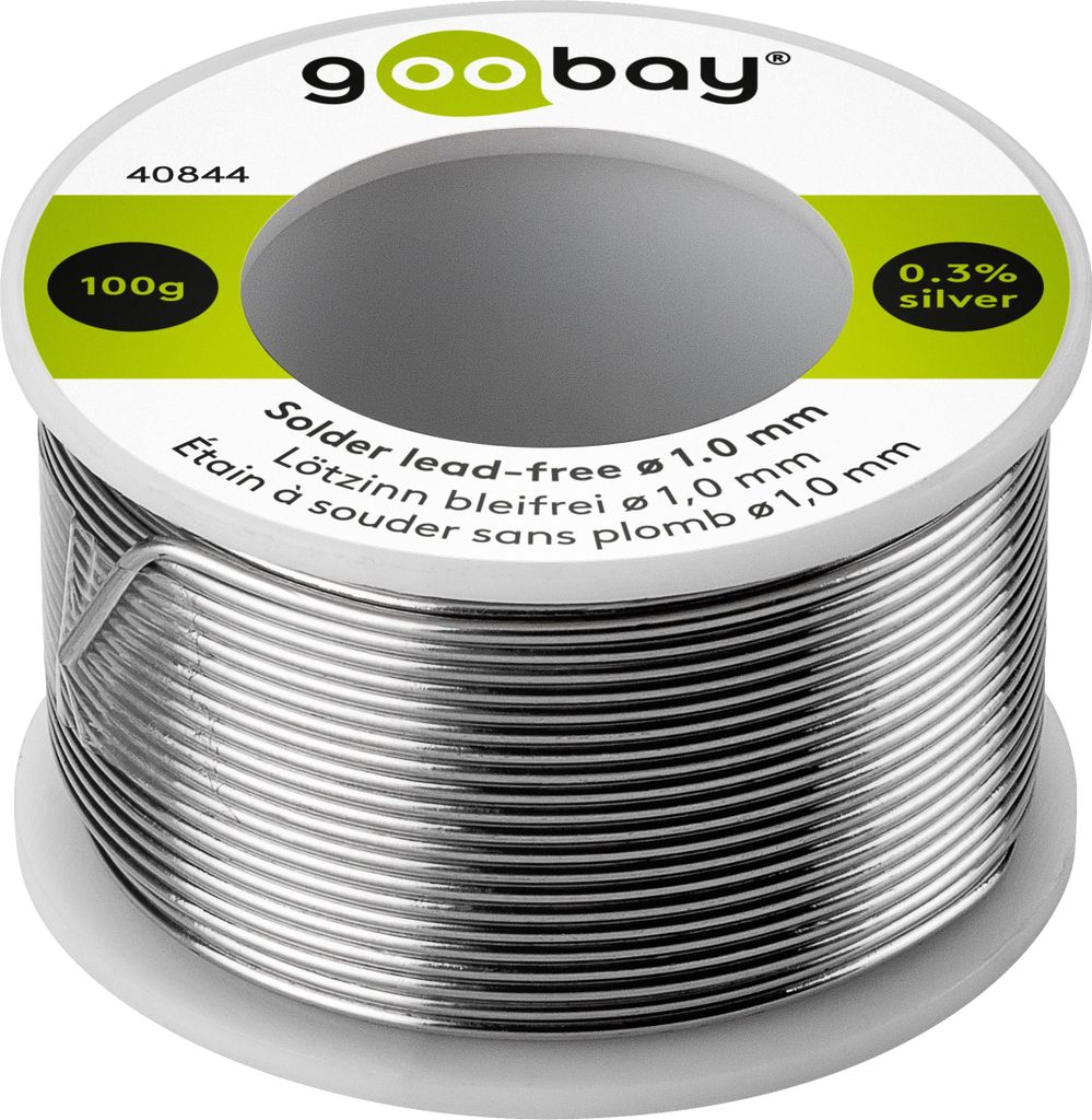Goobay Lötzinn bleifrei, ø 1,0 mm, 100 g - Zusammensetzung: 0,3 % Silber, 0,7 % Kupfer, 96,5 % Zinn, Flußmittelanteil: 2,5 %, Schmelzpunkt 217° C