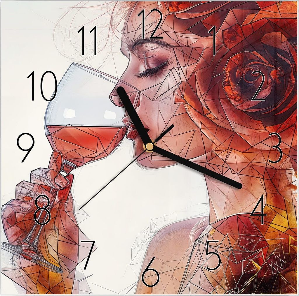 Wanduhr aus Glas mit Motiv Weintrinkende Frau- 30 x 30 cm - inkl. Aufhängesystem