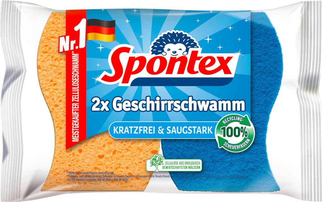 A package of two Spontex dish sponges, one orange and one blue.