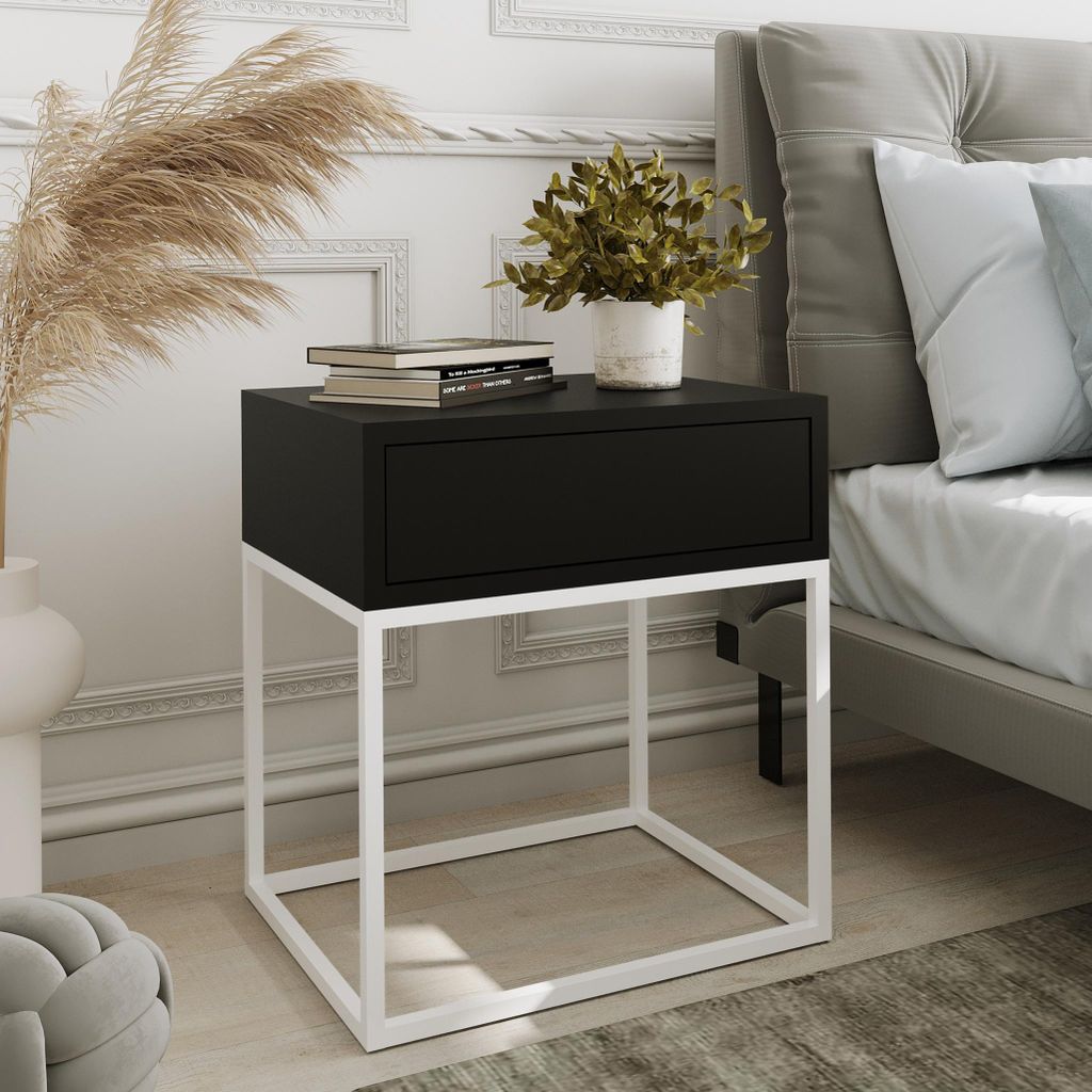 AX LIVING Nachttisch Kommode Aleio in Schwarz mit weißem Metallgestell