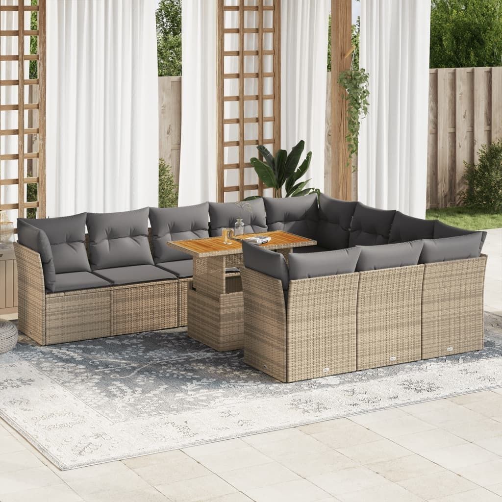 Design 11-tlg. Garten-Sofagarnitur mit Kissen Beige Poly Rattan, Gartenmöbel-Sets 2024 Neu