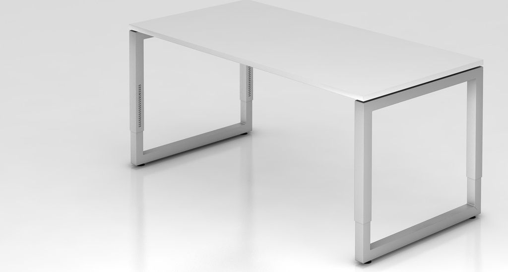 Schreibtisch Pavo | Weiß | Silber Gestell | BxT 160x80cm | Arbeitshöhe 65-85cm | höhenjustierbar, 1cm Raster | O-Fuß-Gestell eckig | Rechteckfo...