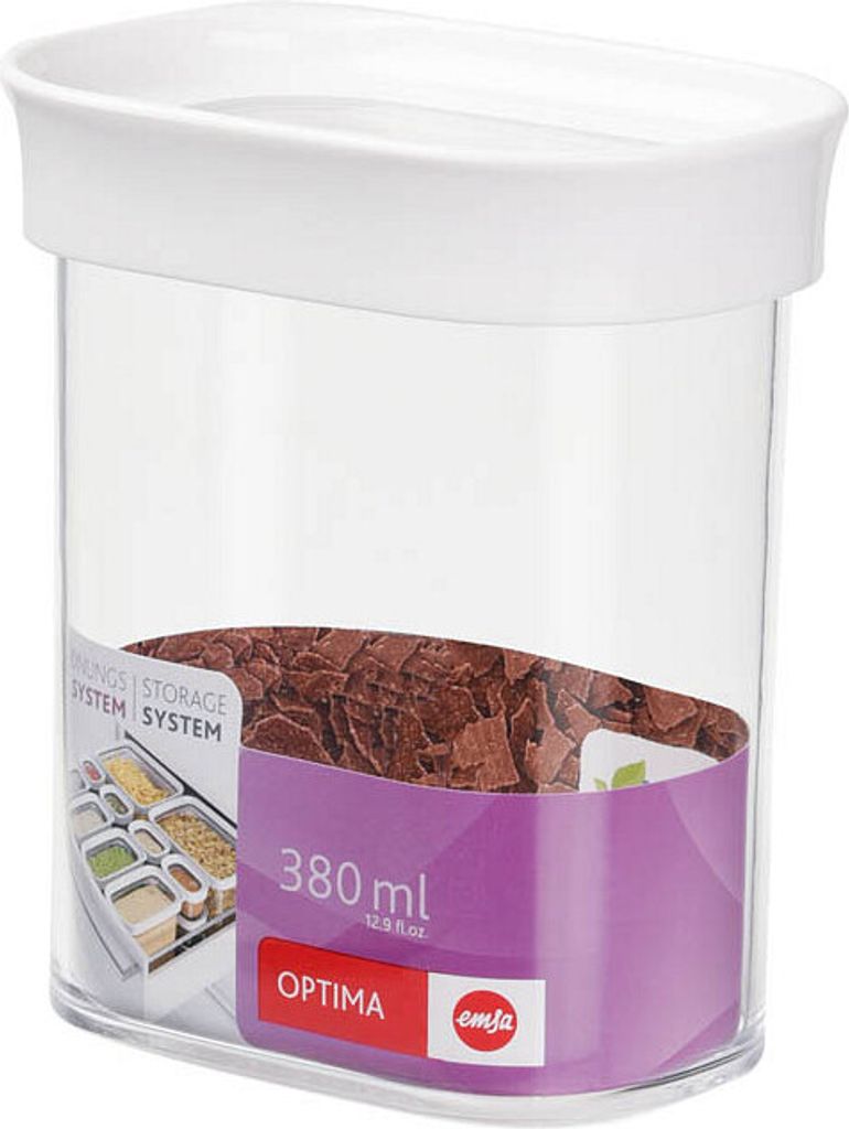A clear, well-lit studio shot of a transparent food storage container with a white lid.