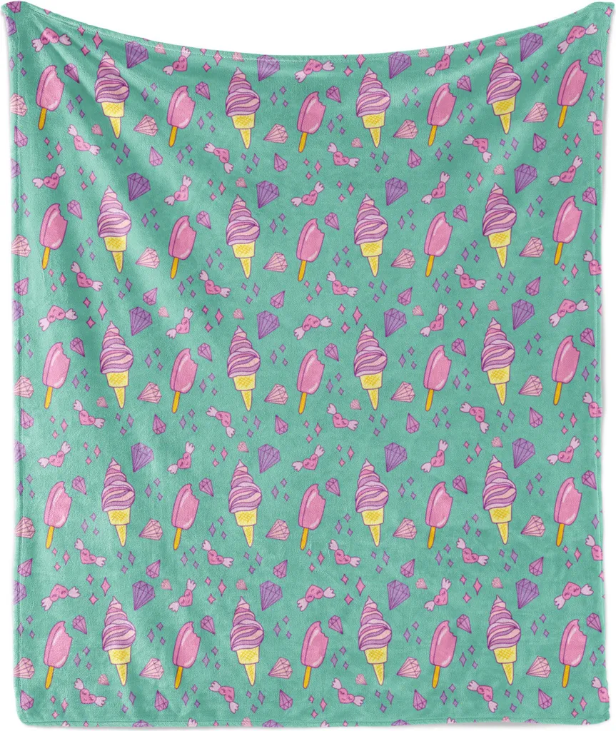 ABAKUHAUS Coperta estiva in morbido pile di flanella, coni gelato con caramelle alla fragola, cuori alati di San Valentino, 175 x 230 cm, verde pavone multicolore