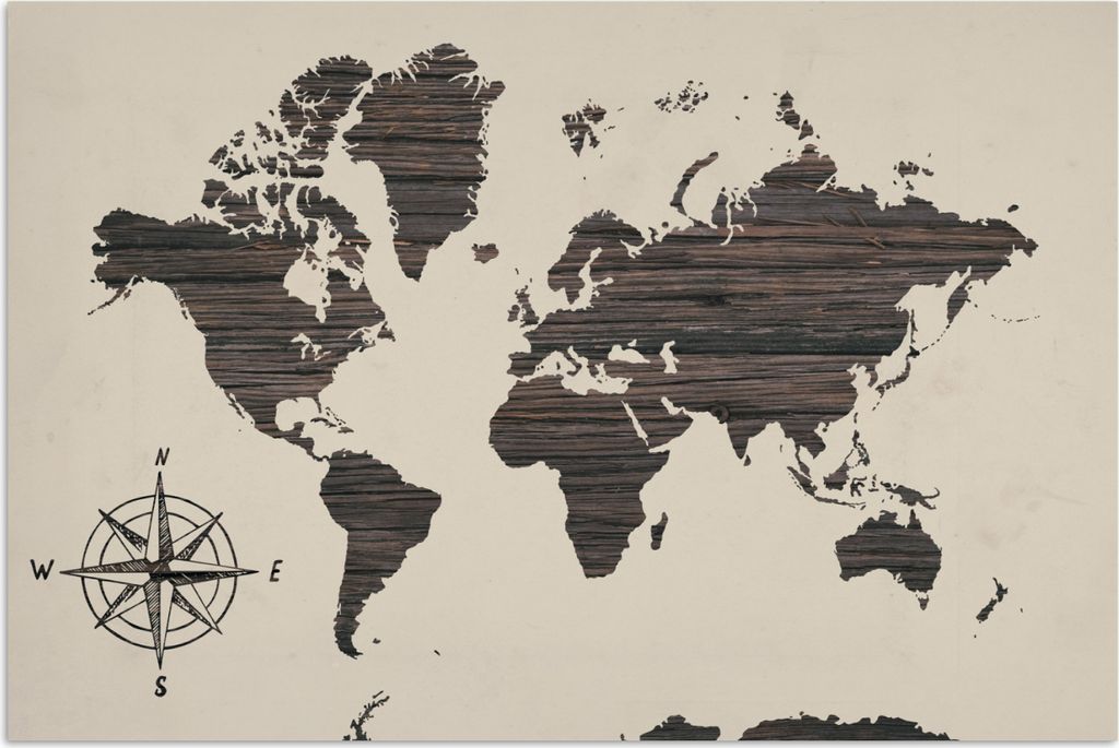 MuchoWow Poster Weltkarte - Holz - Kompassrose 180x120 cm - Fotoplakat