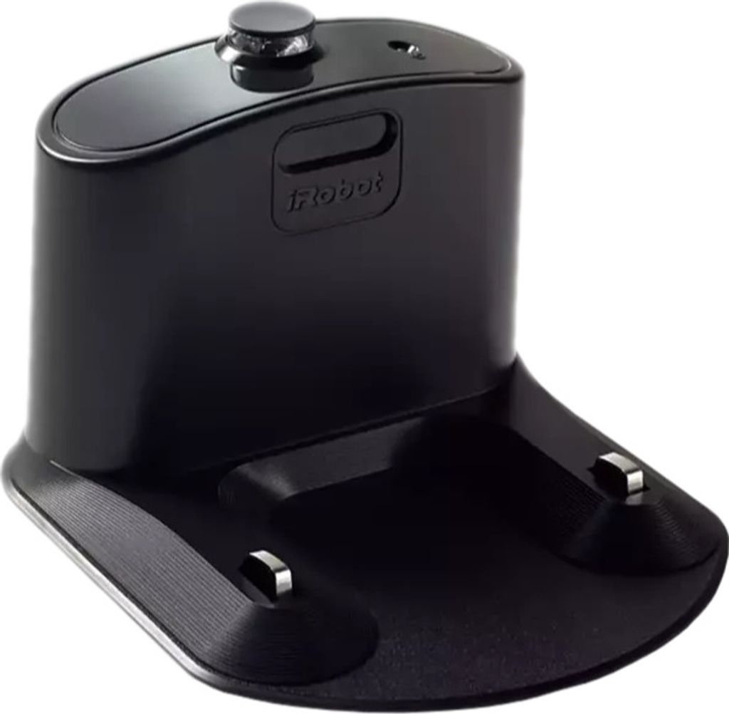 A black iRobot charging station is shown against a white background.