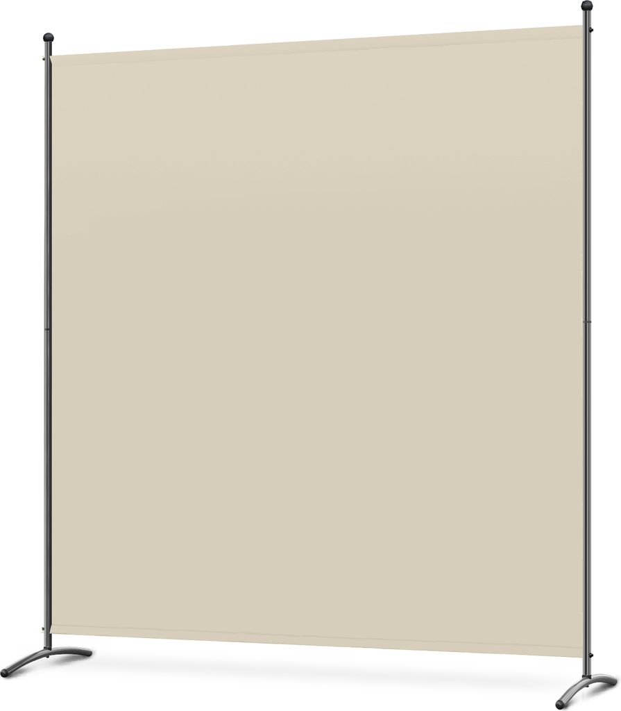A freestanding room divider with a beige fabric screen and a dark metal frame.