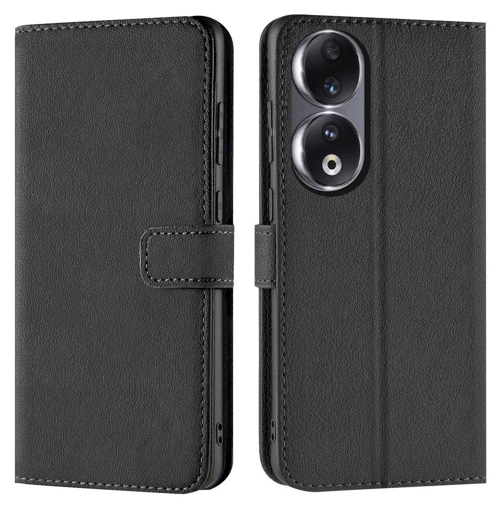 A black book-style phone case for a Honor 90 5G phone is shown from two angles.