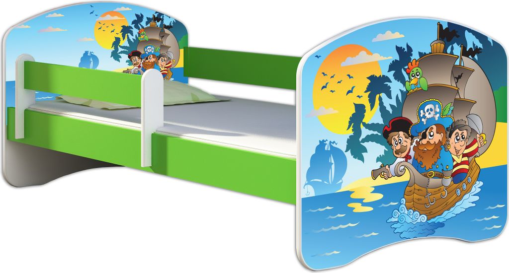 ACMA Jugendbett Kinderbett Junior-Bett Komplett-Set mit Matratze Lattenrost und Rausfallschutz Grün 21 Piraten 160x80