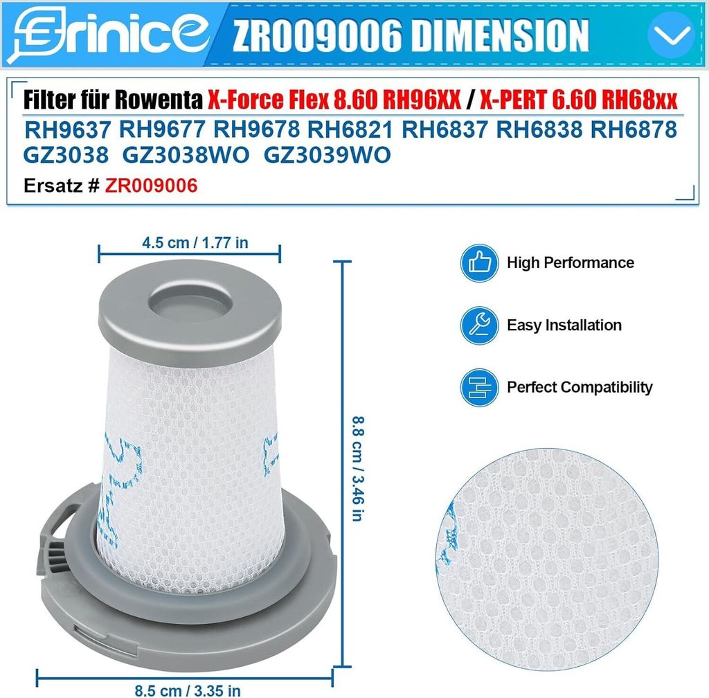 Filtre pour aspirateur Rowenta X-PERT 6.60, accessoires ZR009006 / X-FORCE FLEX8. Filtre 60
