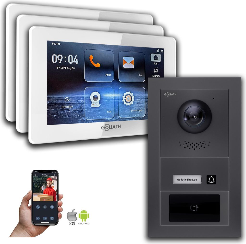 Goliath IP Video Türsprechanlage mit Kamera 7-Zoll RFID Anthrazit : Aufputzdose : 7 Zoll in Weiß : 3 Monitore Anzahl: 3 Monitore Farbe: 7 Zoll in...