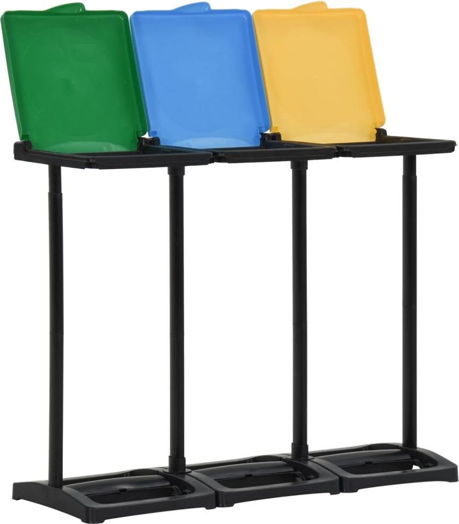 A product image of a multi-colored trash can stand with three openings.