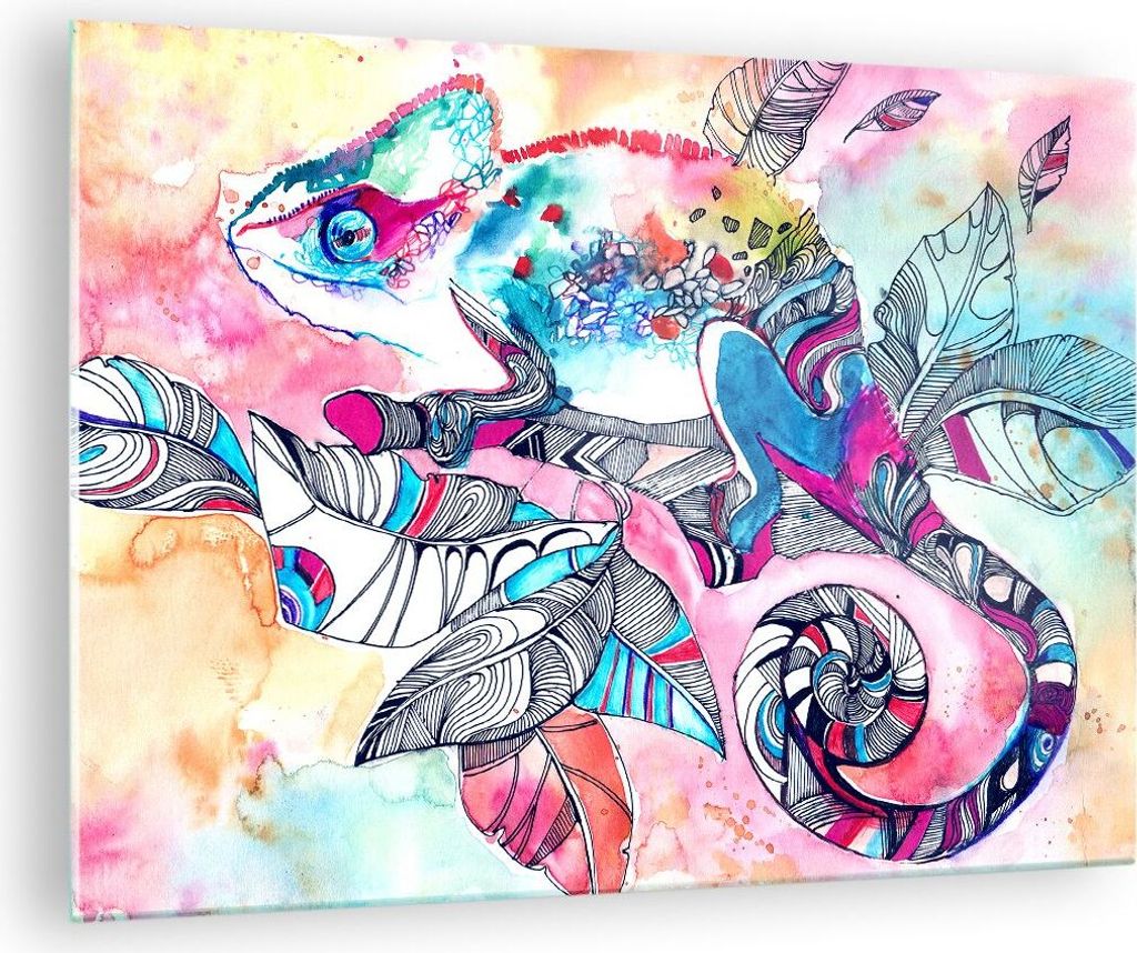 Bilder auf glas - Chamäleon Tierwelt Zweig - 70x50cm - Glasbilder - Wandbilder - Kunstdruck - zum Aufhängen bereit - Wanddekoration aus Glas - Gl...