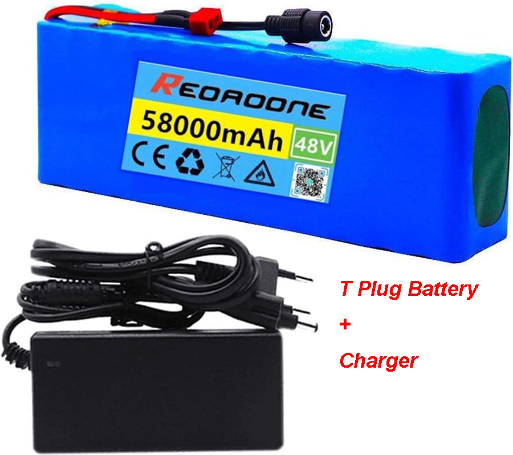 (T Stecker)48V 58Ah Lithium-Ionen Akku für E-Bike & Elektroroller – 13S3P Batterie mit integriertem BMS & Ladegerät
