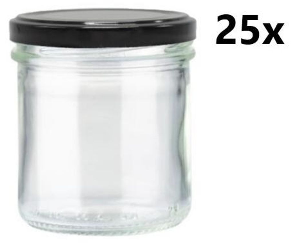 A clear glass jar with a black lid is shown against a white background, with the text '25x' to the right.