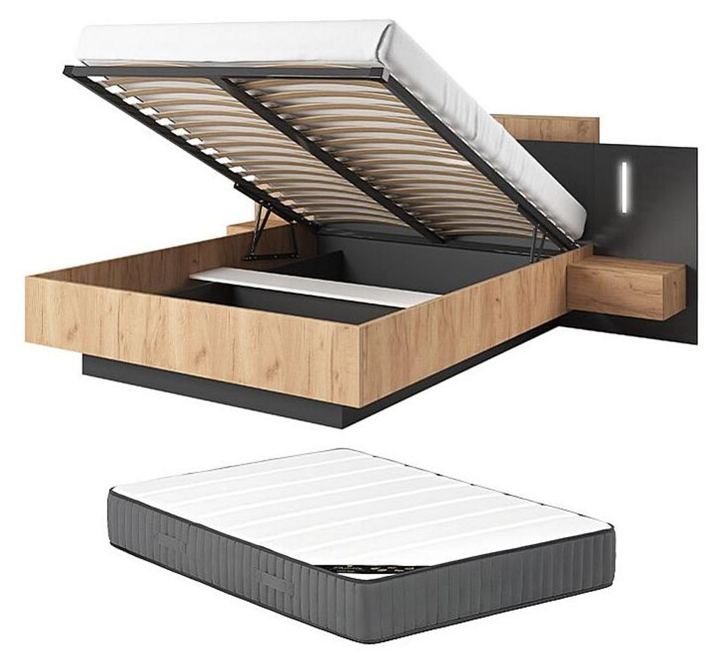 Boxspringbett mit Nachttischen 160 x 200 cm - 2 Schubladen - Mit LEDs - Natur und Anthrazit + Matratze - FRANCOLI