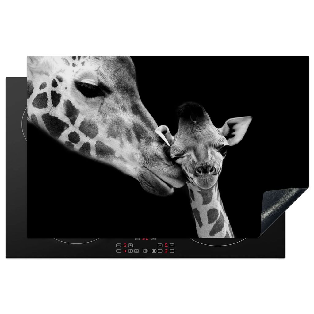 KitchenYeah Herdabdeckplatte Tiere - Schwarz - Weiß - Giraffe - Porträt , 81x52cm, Küche Deko, Glaskeramikkochfeld Herdabdeckung, Abdeckplatte...
