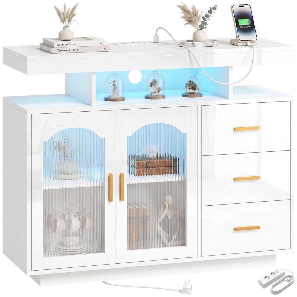 HOMCOM: Credenza alta lucida con illuminazione a LED, prese Immagine del prodotto 