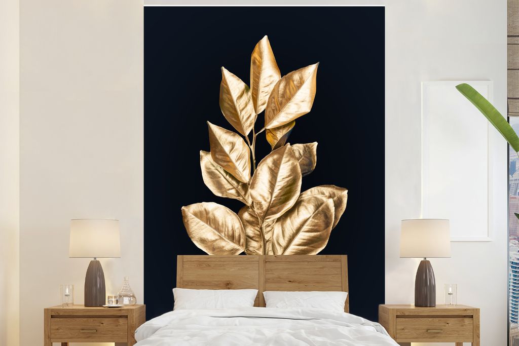 MuchoWow Fototapete für Wohnzimmer oder Schlafzimmer Wandtapete Vinyl Motivtapete Blätter - Gold - Luxus - 155x240 cm - Tapete