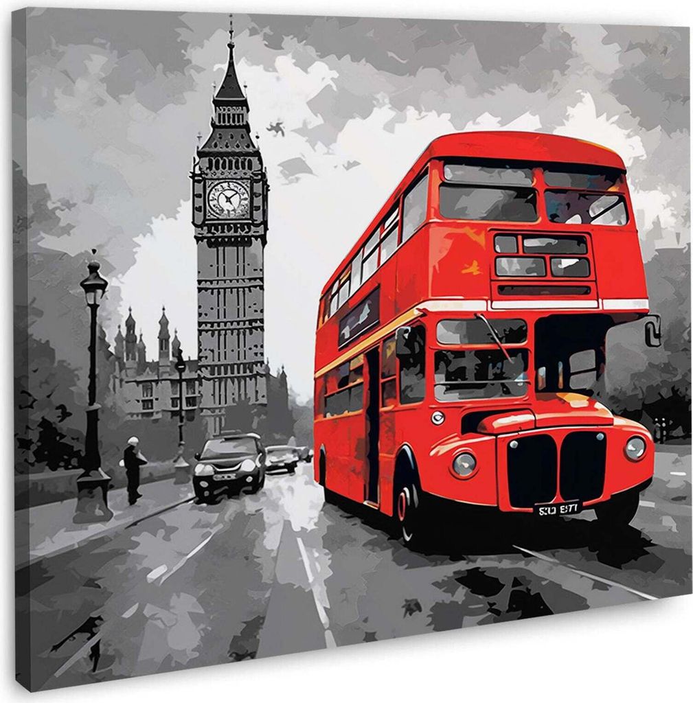 Big Ben Schwarz weiß roter Bus Leinwandbild Wandbild Kunstdruck XL Wanddeko: 150x150x4cm