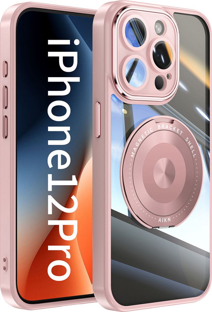 Handyhülle für iPhone 12 Pro Transparent Militärschutz mit Magnetring Ständer und Kameraabdeckung Pink