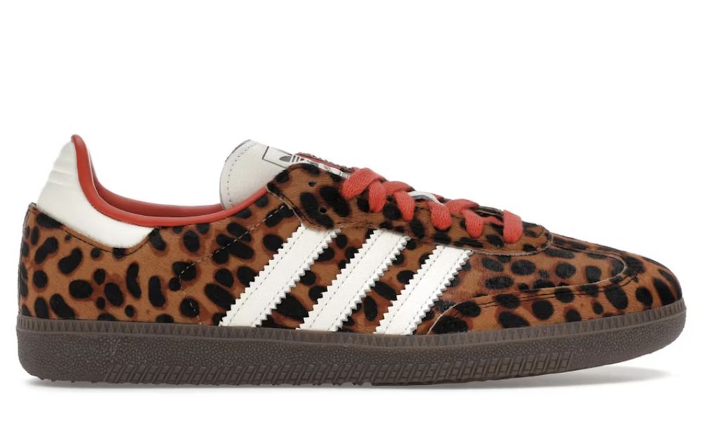 A side view of an Adidas Samba sneaker with a leopard print.