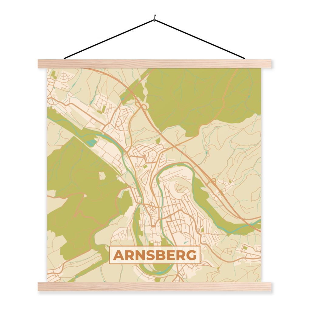 MuchoWow Textilposter Karte - Arnsberg - Karte - Vintage - Stadtplan 60x60 cm mit holzfarbenen Rahmen - Wanddekoration