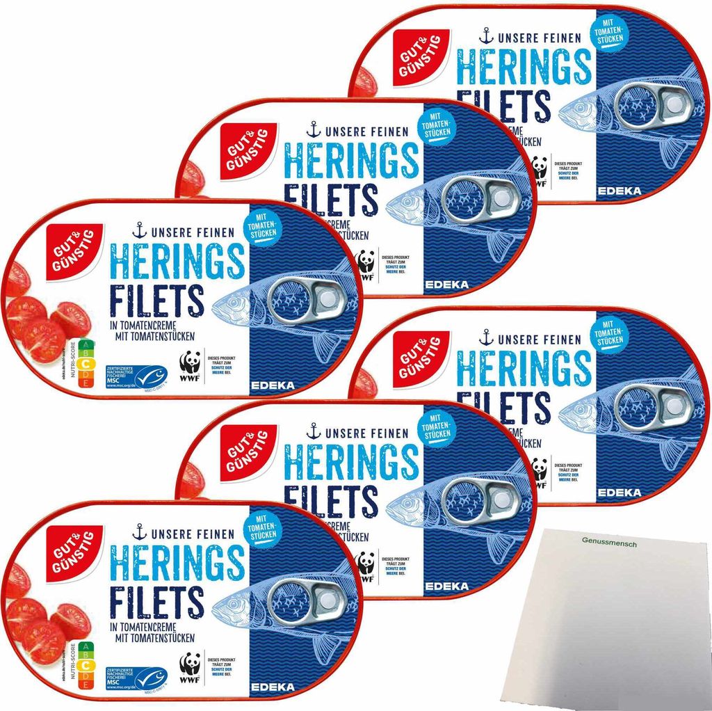 Gut & Günstig Heringsfilets in Tomatencreme mit Tomatenstückchen 6er Pack (6x200g Dose) + usy Block