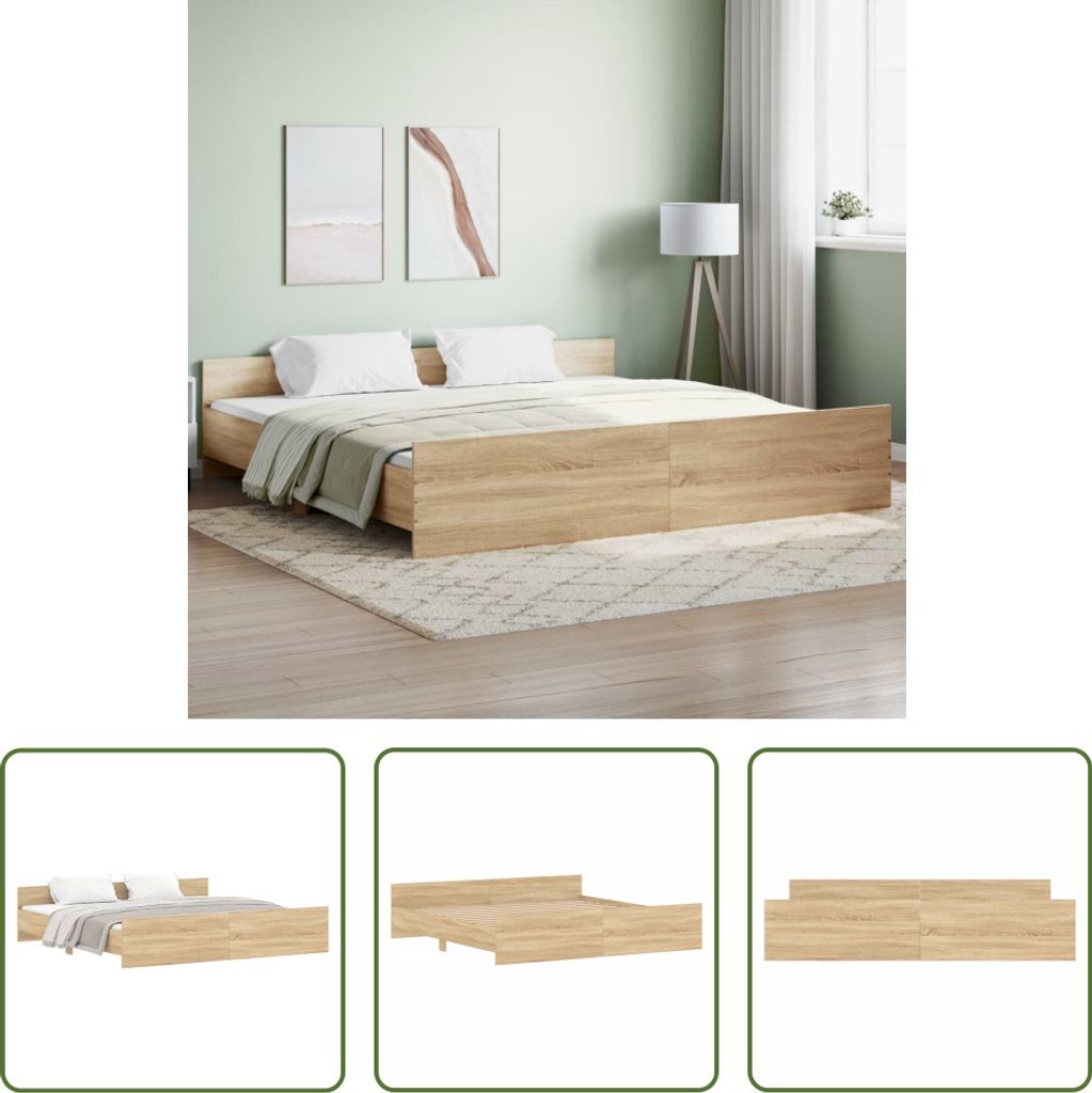 The Living Store Bettgestell mit Kopf- und Fußteil Sonoma-Eiche 180x200 cm