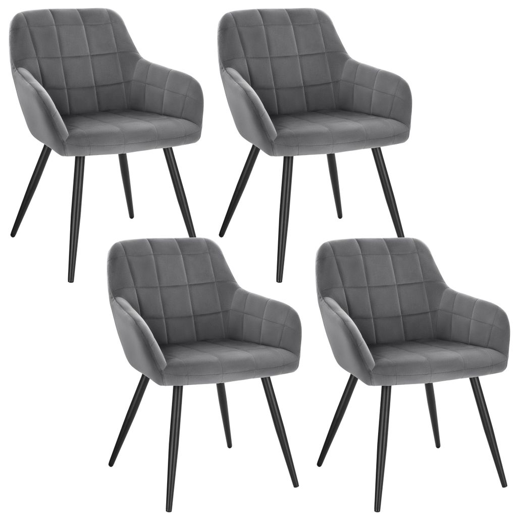 Four gray upholstered chairs with black metal legs are arranged in a 2x2 grid against a white background.