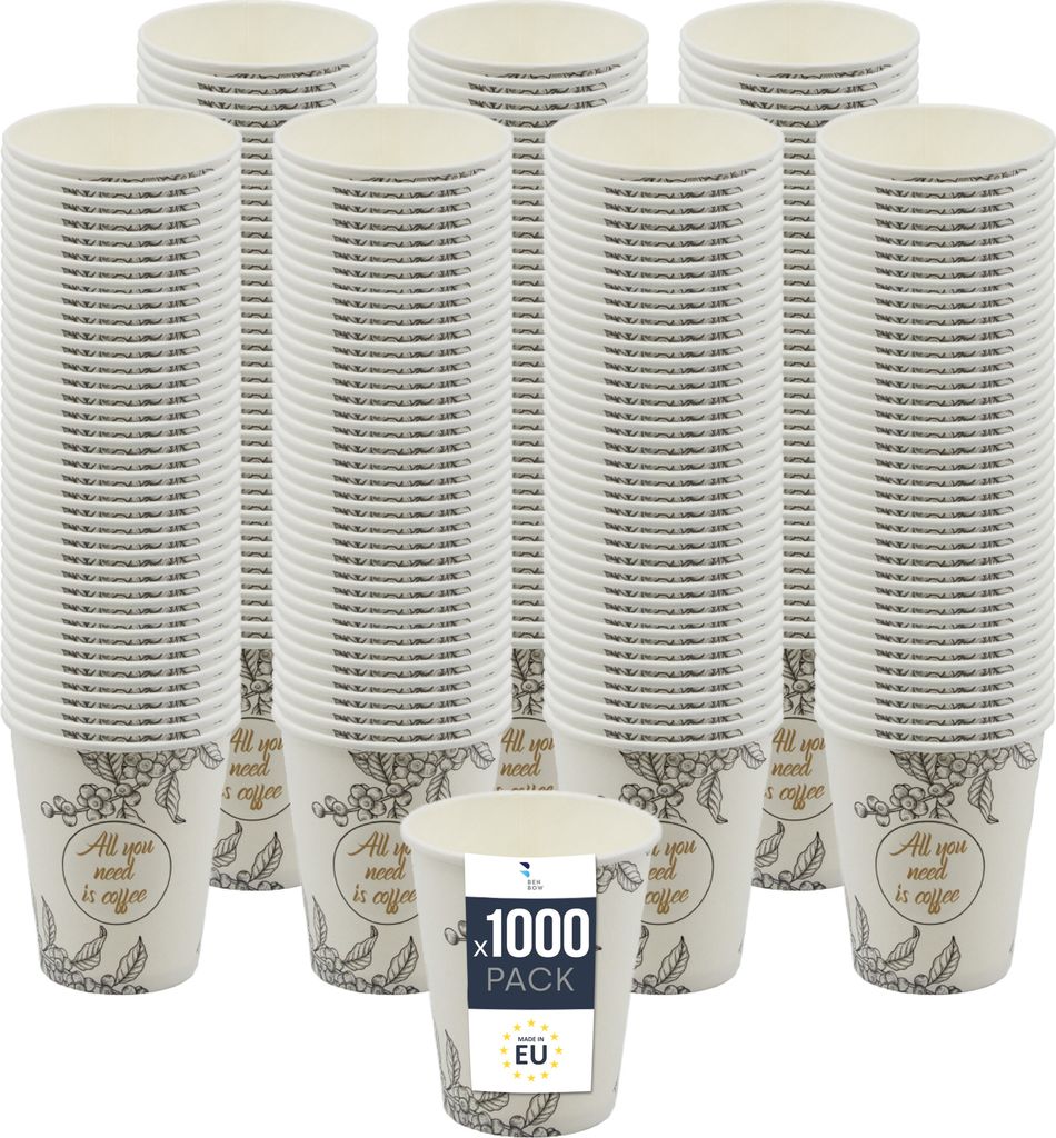 BenBow Kaffeebecher 300 ml x 1000, Pappbecher zum Mitnehmen, Einwegbecher für Unterwegs, All You Need Is Coffee, Kaffee Becher für Büro und Kaff...