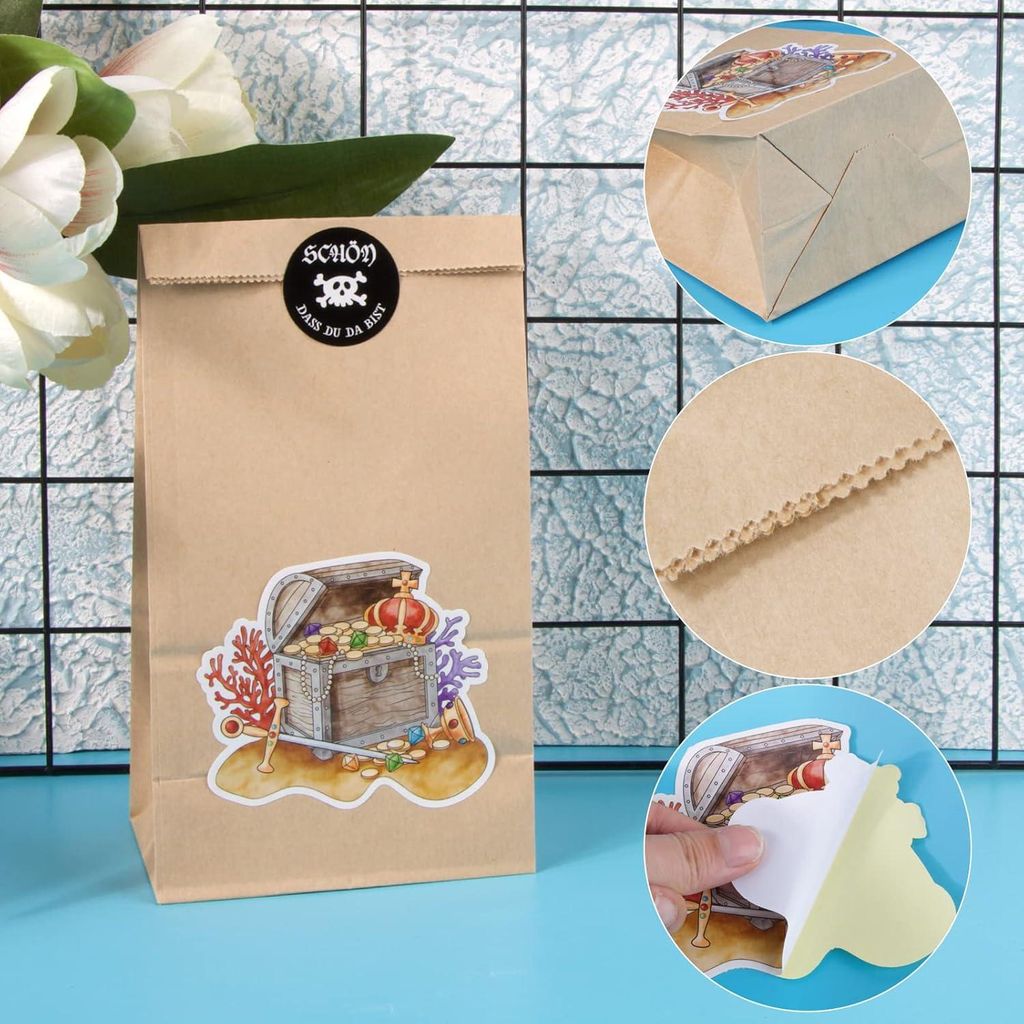 12 Stück Kraftpapier Geschenkbeutel mit Piratenstickern - festliche Dekoration für Geburtstage, Partys und Leckereien