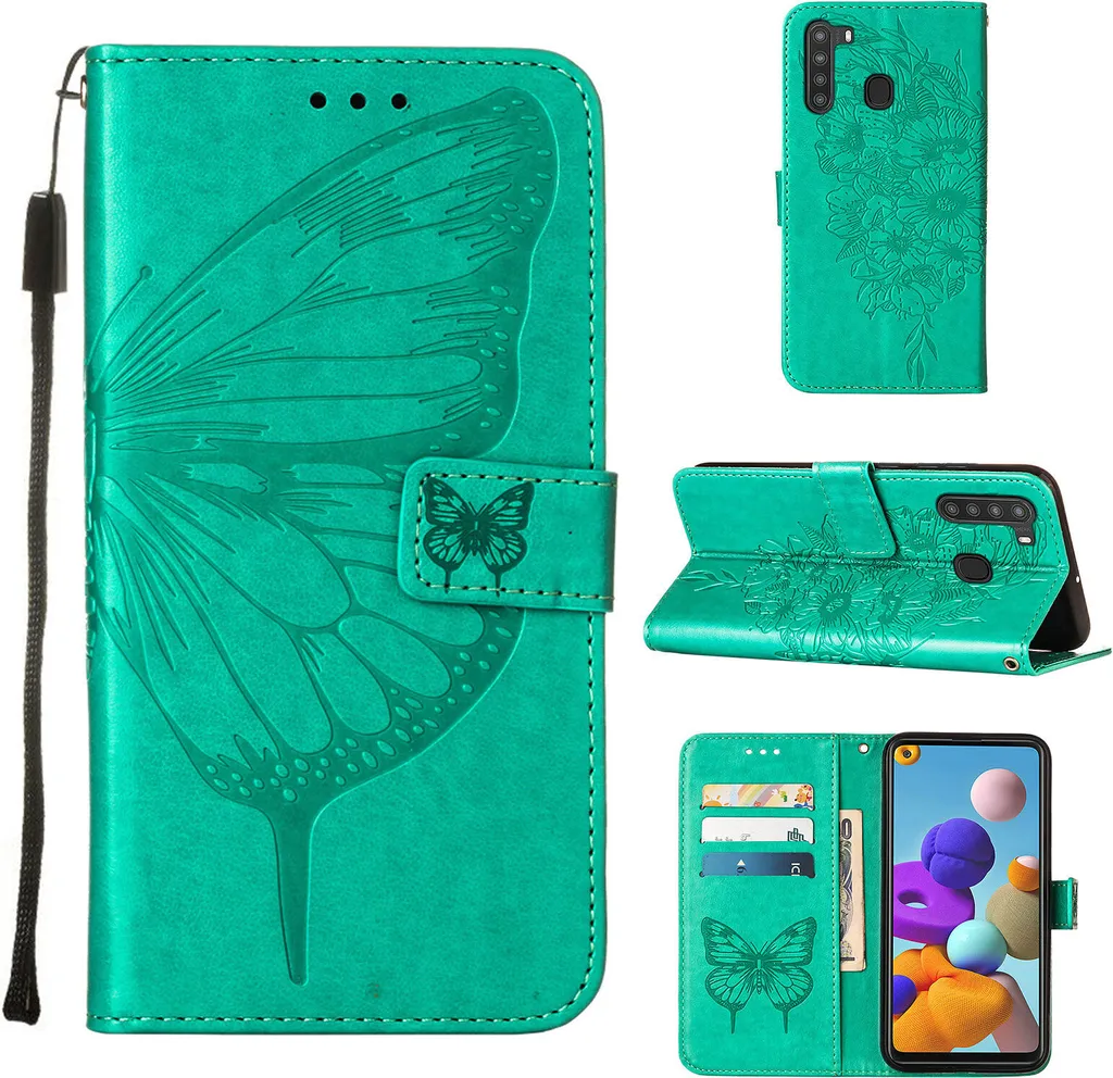 Custodia Samsung Galaxy A21 a Libro in Pelle Verde con Farfalle 3D