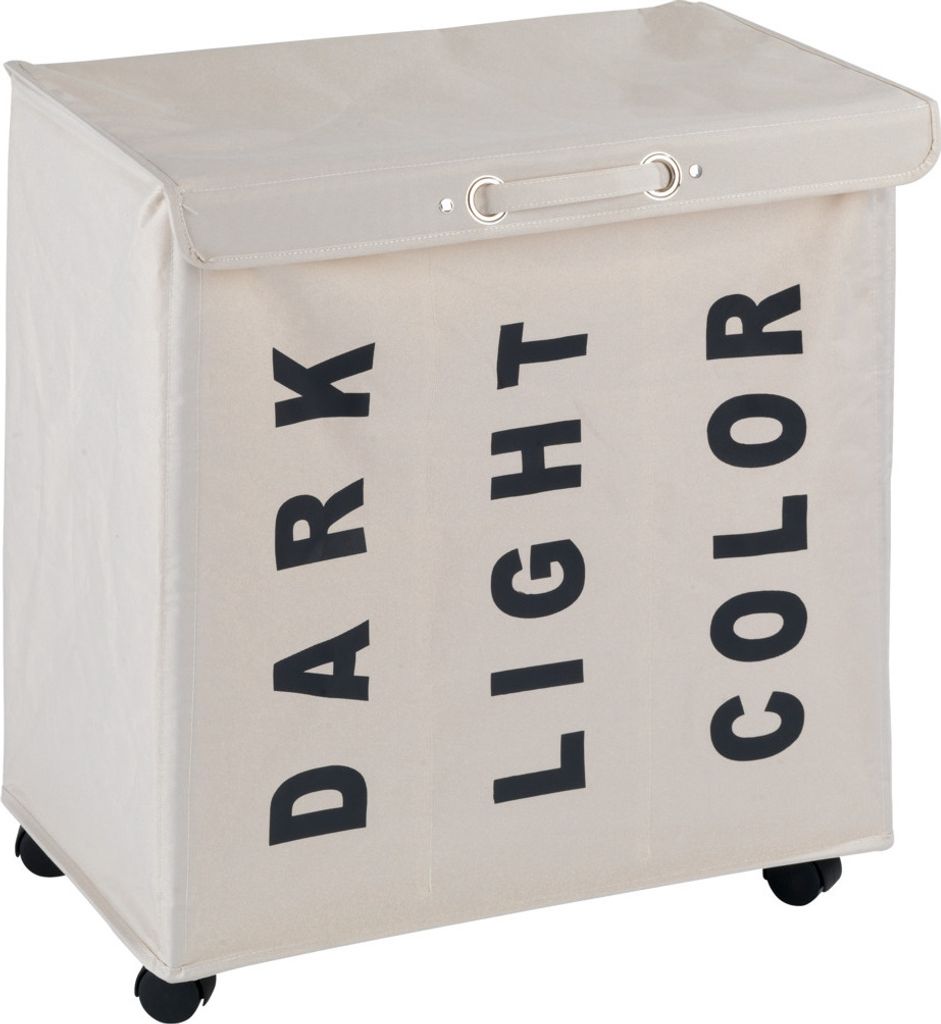 A beige laundry sorter with three compartments labeled 'DARK', 'LIGHT', and 'COLOR', shown on a white background with wheels.