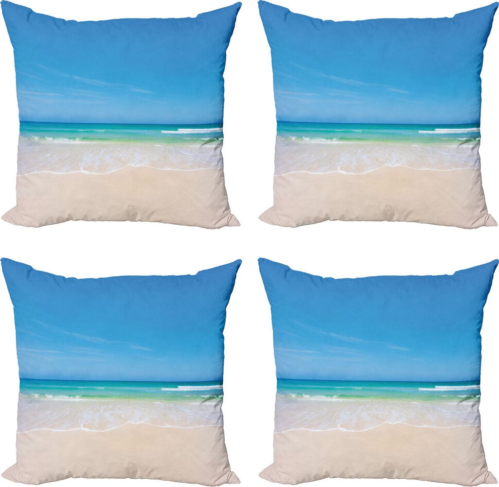 ABAKUHAUS Ozean Kissenbezug Set (4 Stück), Paradise Sunny Sky Szene, Moderner Doppelseitiger Digitaldruck, 40 cm x 40 cm, Creme Blau