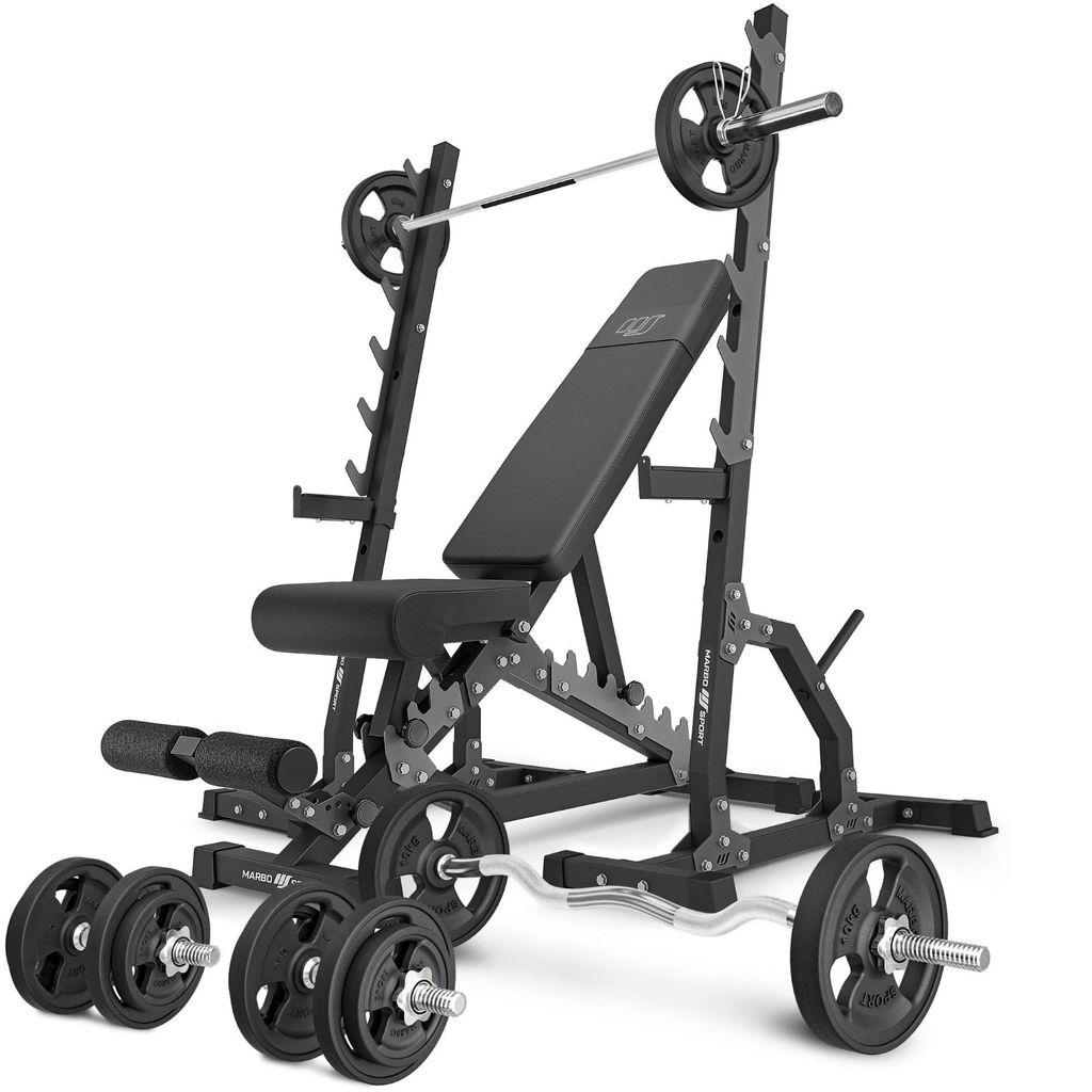 Marbo Sport - Set MS24_2.0_83KG_G | Doppelseitige Bank + Multilevel-Ständer (2 Stück) + Stangen- und Hantelscheiben gummiert Set 83 kg