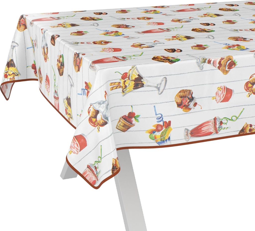 Tischdecke Collage Eiscafe Hellgrau 140x140cm mit Band-Kante Wachstuch abwaschbar