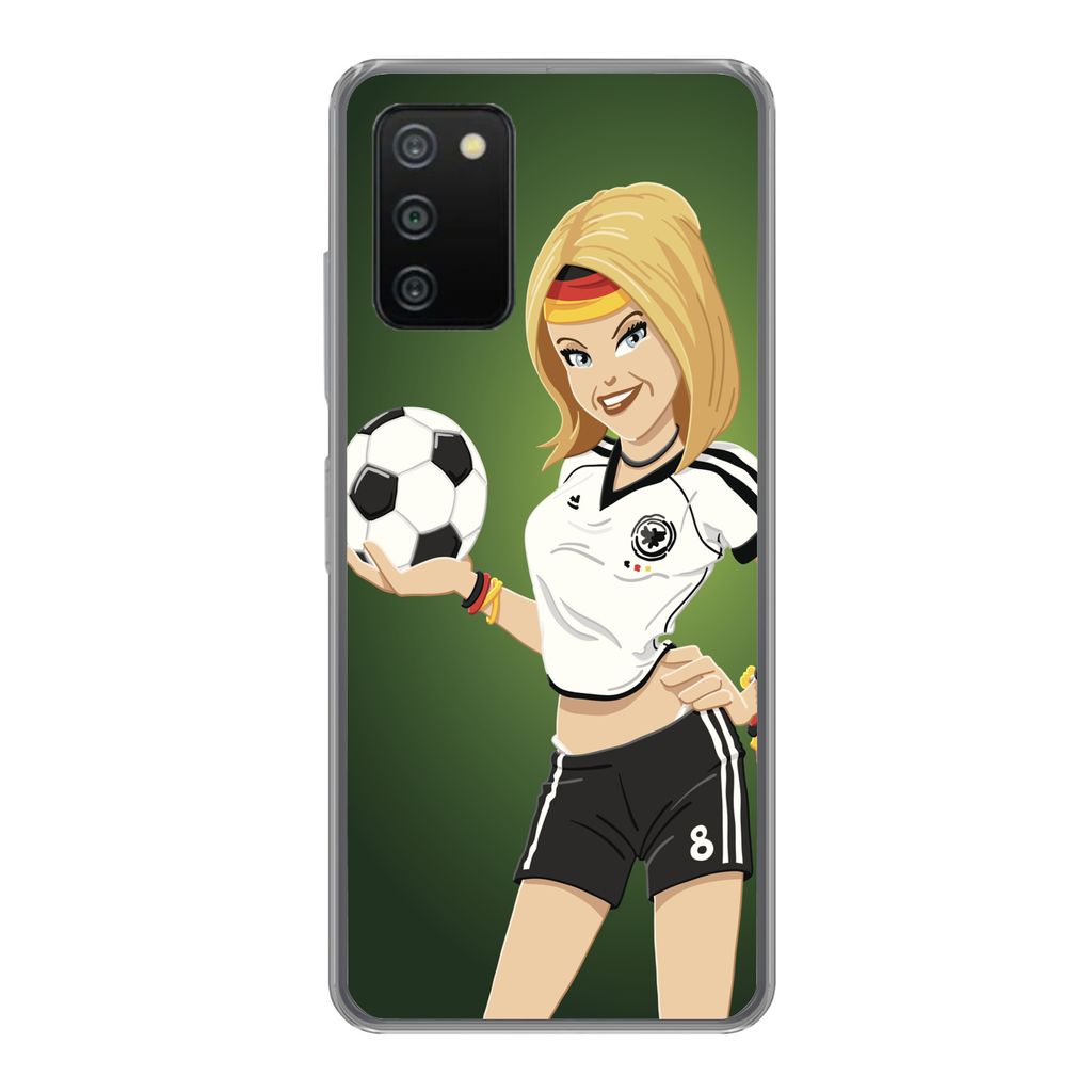 MuchoWow Handyhülle Schutzhülle Hülle für Samsung Galaxy A03s Illustration eines Mädchens mit deutscher Kleidung und einem Fußball - Mädch...