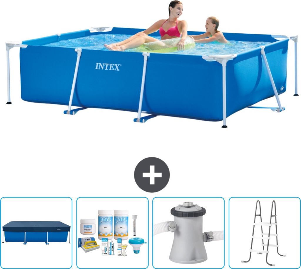 Intex-Schwimmbecken mit rechteckigem Rahmen – 220 x 150 x 60 cm – Blau – im Lieferumfang enthalten Abdeckung - Wartungspaket - Filterpumpe f...