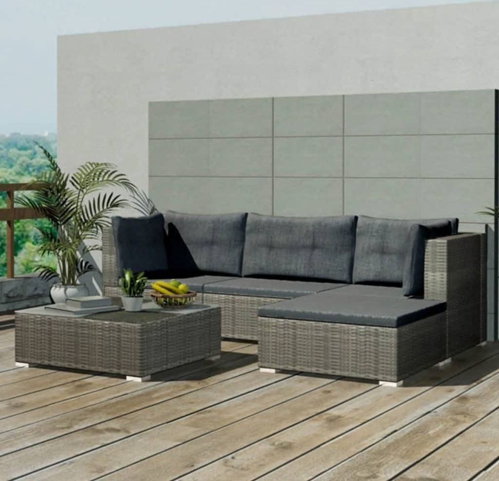 Schlichtes 5-tlg. Garten-Lounge-Set,Garten-Sofagarnitur,Lounge-Gartenmöbel, Gartensofa Set Terassenmöbel mit Kissen Poly Rattan Grau DE9815