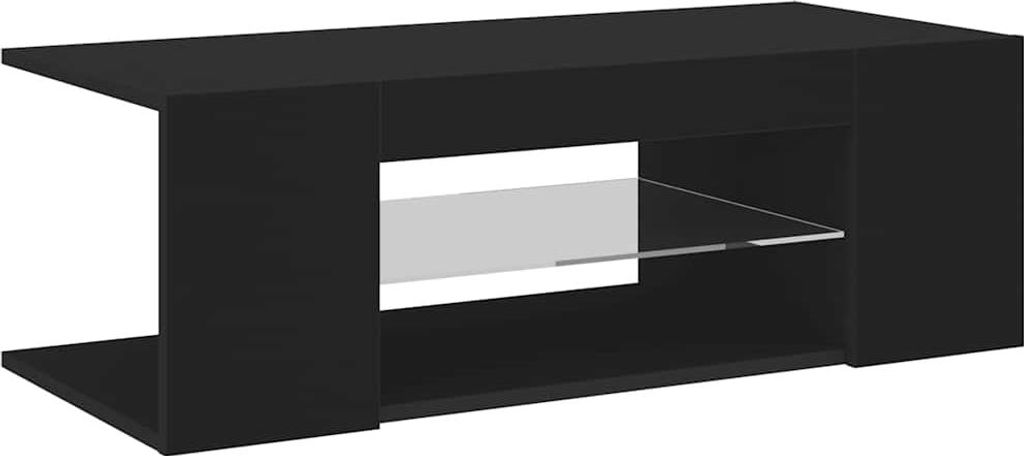 A black TV stand with a glass shelf in the center.