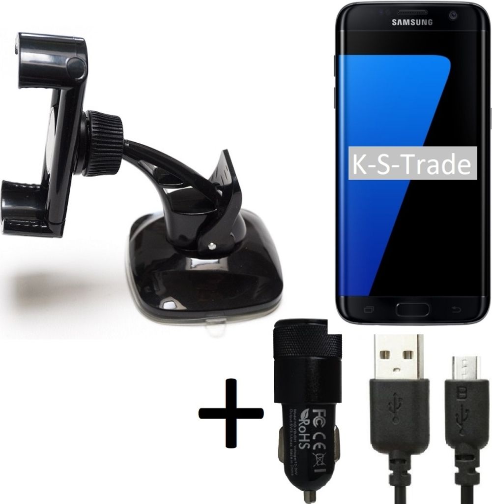 K-S-Trade Halterung kompatibel mit Samsung Galaxy S7 edge Windschutzscheibe / Armaturenbrett + LADEGERÄT mit Mico USB Kabel Autohalterung KFZ Halter