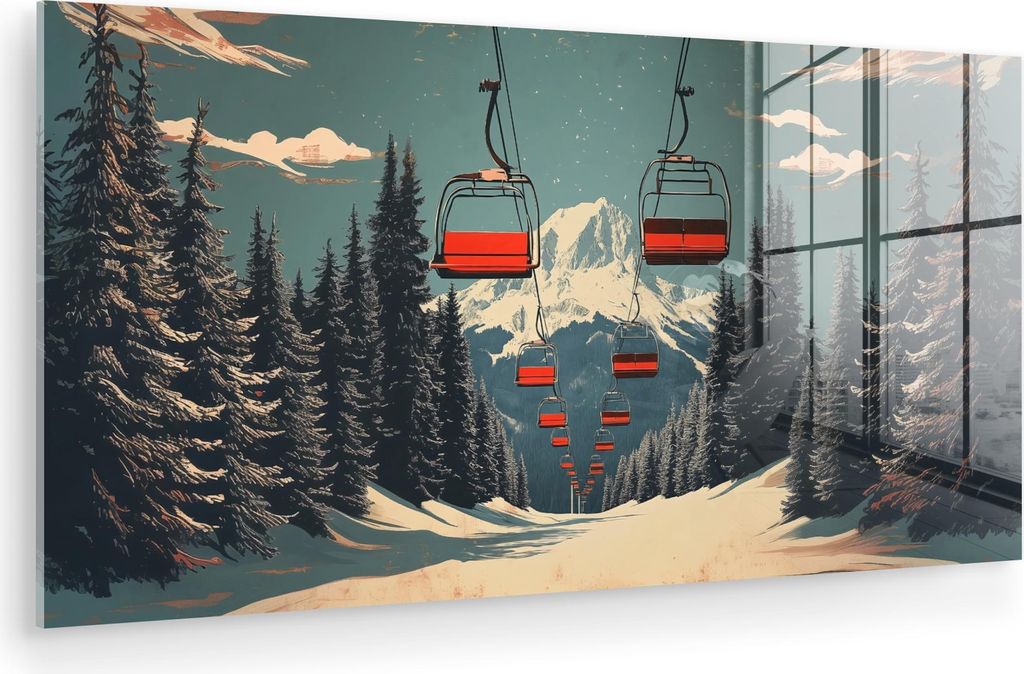 MuchoWow Glasbilder - Bilder auf Wandbild - Foto auf Glas Schnee - Skilift - Rot - Bäume 80x40 cm Wanddekoration aus Glas - Acrylglasbild - Acrylb...