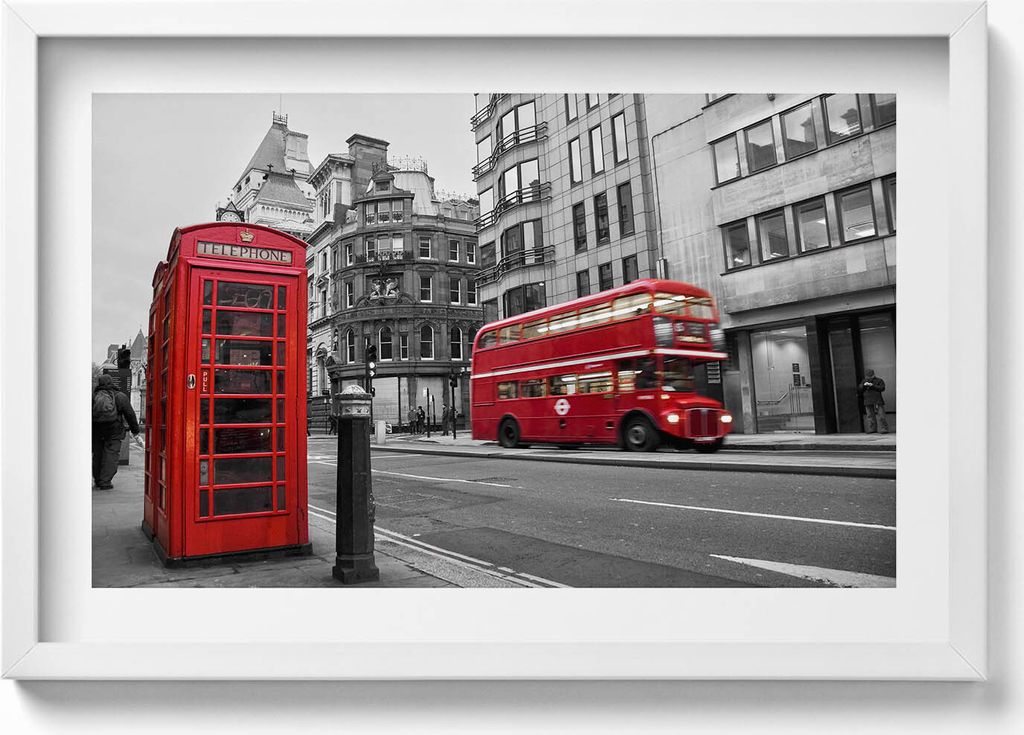 Historischer amerikanischer Bus auf der Straße– Wandbild mit Rahmen – Gerahmtes Bild – Wanddekoration – 60x40 cm – Schwarz Rahmen