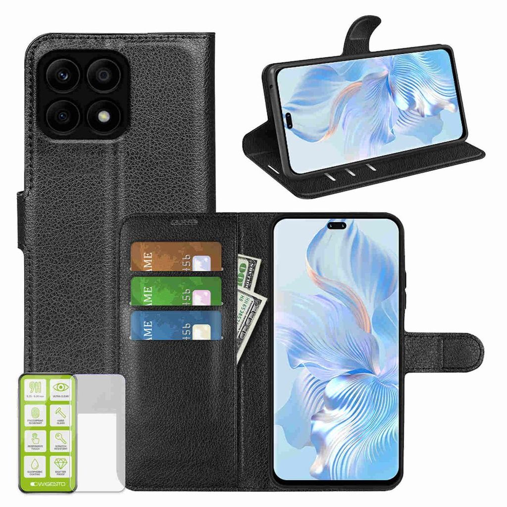 Für Honor X8b Handy Tasche Schwarz Etuis Kunst-Leder Hülle Case + H9 Hart Glas